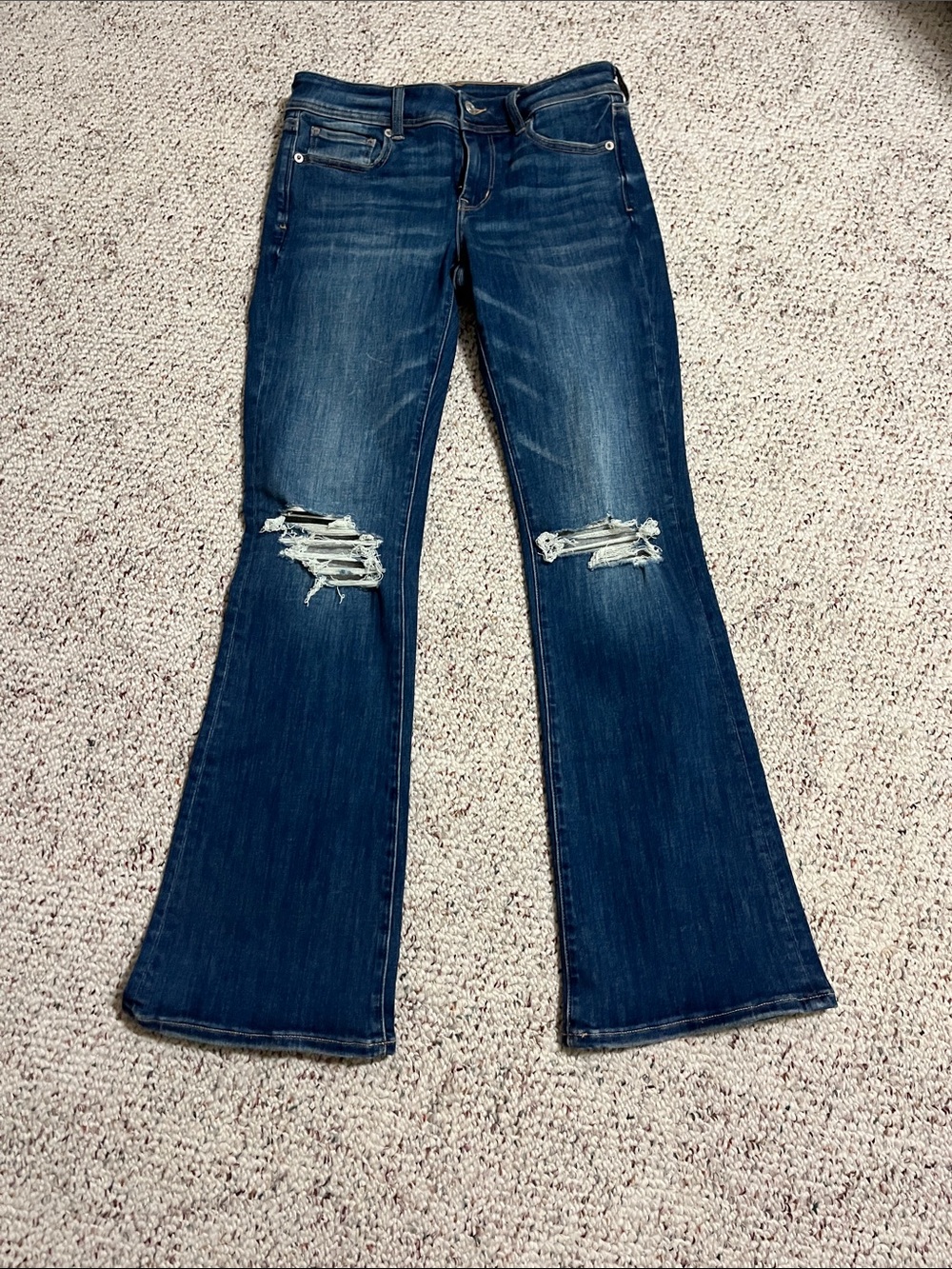 American Eagle Outfitters Dark Indigo Distressed Flare Jeans Size 4